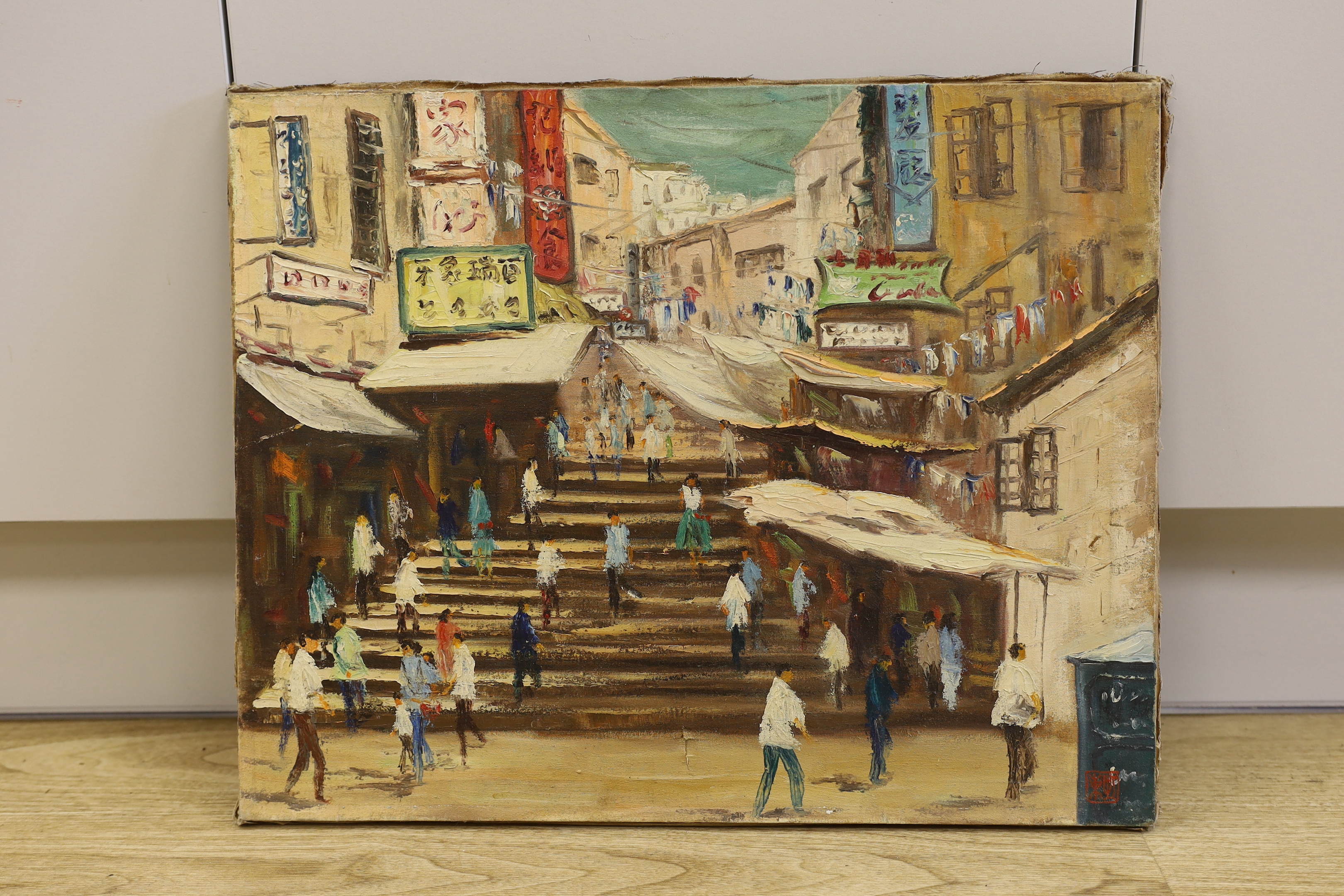 20th century Chinese School, oil on canvas, Market street scene with figures, 51 x 41cm, unframed